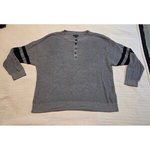 American Eagle‎ 2X Henley Knit Sweater Grey Ribbed, Varsity Stripe Sleeve